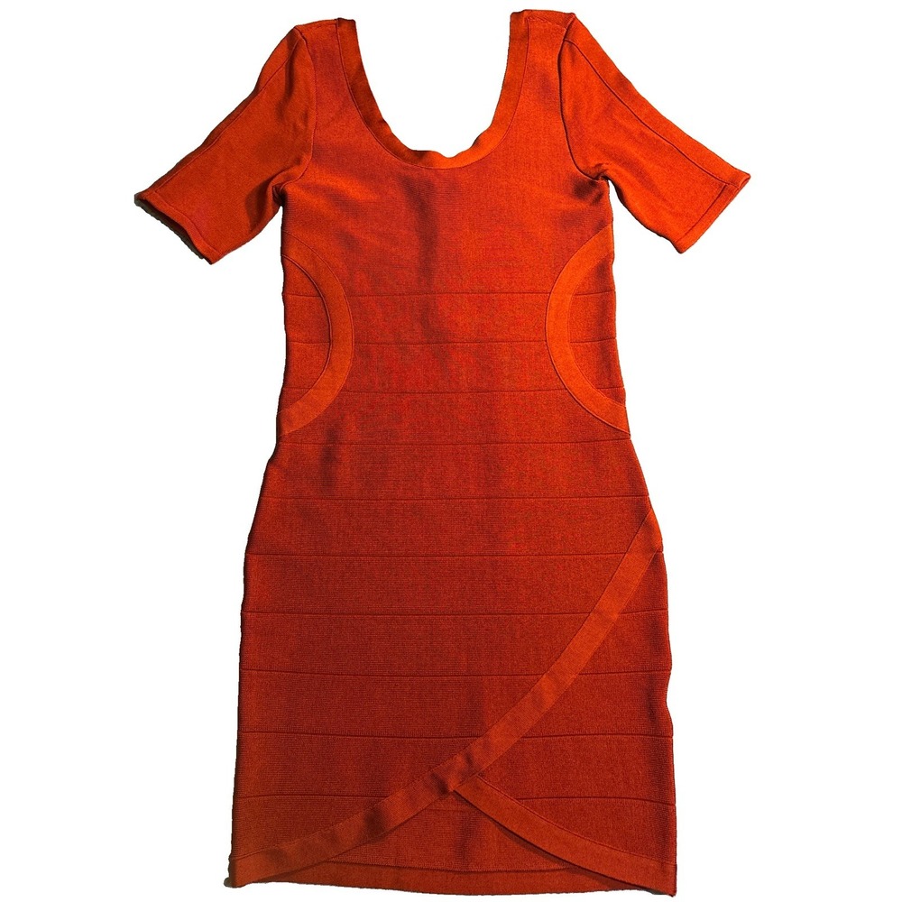 Bebe Bandage Dress Women's Rust Excellent Scoop Neck Short Sleeve Tulip Size M